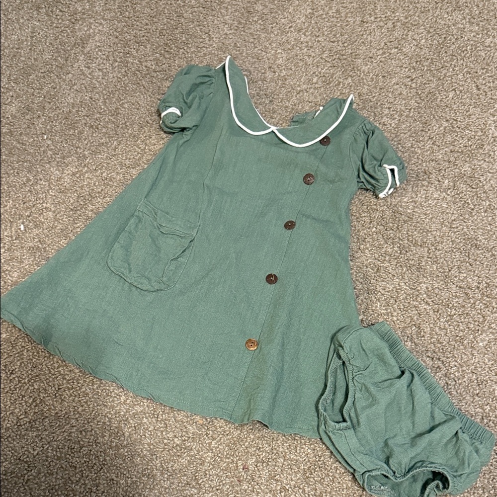 Girls Green Button-Front Dress with Bloomers
